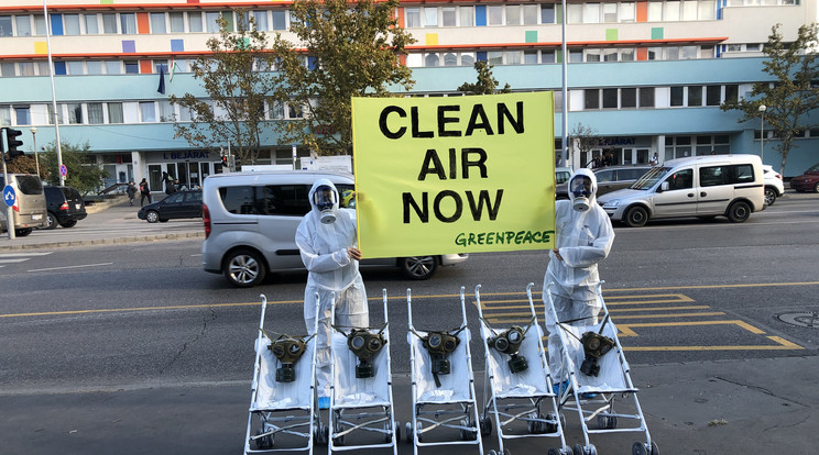 Babakocsira rakott gázmaszkokkal demonstráltak a Greenpeace aktivistái, akik tisztább levegőt szeretnének / Fotó: Vajta Zoltán