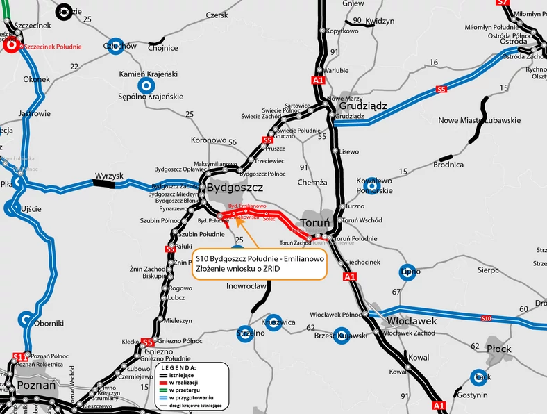 Mapa drogi ekspresowej S10 Bydgoszcz Południe — Emilianowo