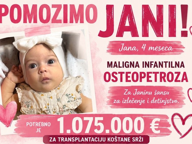 Četvoromesečnoj Jani, koja boluje od retke genetske bolesti, potrebno je 1.075.000 evra za lečenje