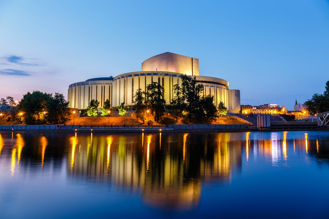 Opera building in Bydgoszcz city at night, Poland