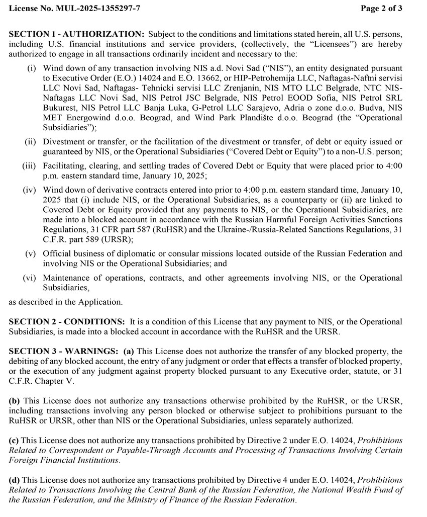 Licenca oko sankcija NIS-u