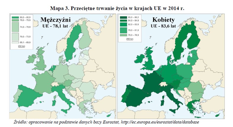 Przeciętne trwanie życia w krajach UE w 2014 r.; GUS