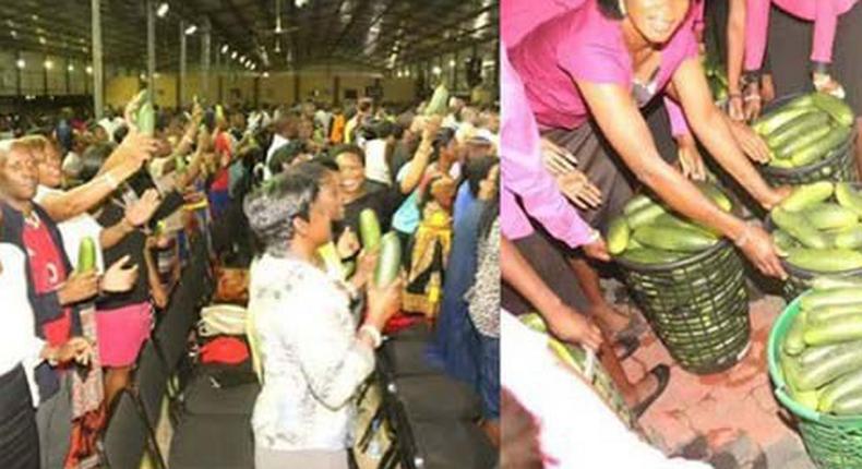 Congregation buy anointed cucumber during church service.