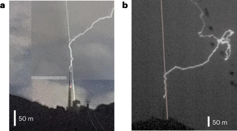 Zdjęcie zamieszczone w "Nature Photonics", na którym widać, jak piorun podąża śladem wiązki lasera.