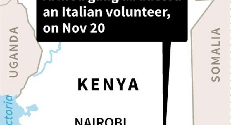 Map of Kenya locating the county where an Italian volunteer was kidnapped by gunmen.