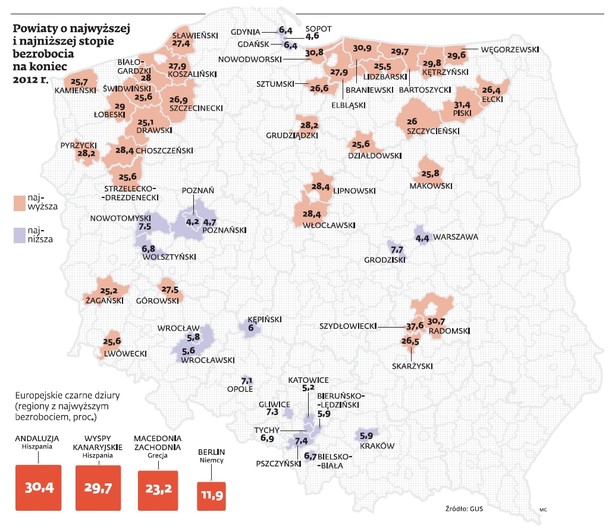 Powiaty o najwyższej i najniższej stopie bezrobocia na koniec 2012 r.