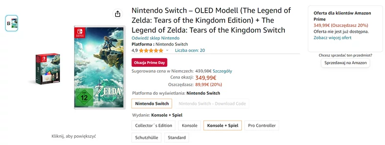 Konsola Nintendo Switch OLED The Legend of Zelda: Tears of the Kingdom Edition na promocji w ramach Amazon Prime Day