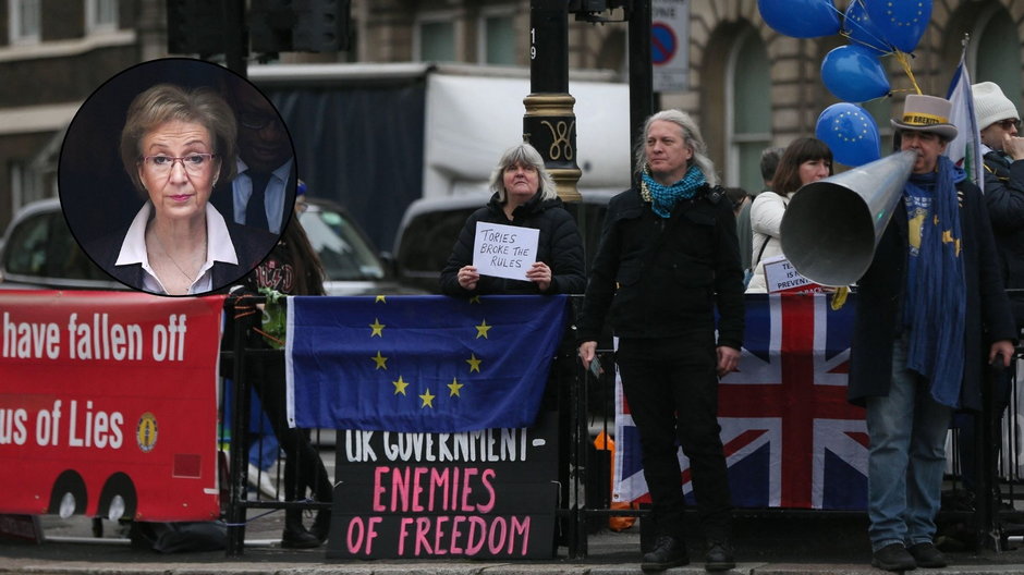 Demonstracja przeciwników brexitu w Londynie (w kółku: Andrea Leadsom)