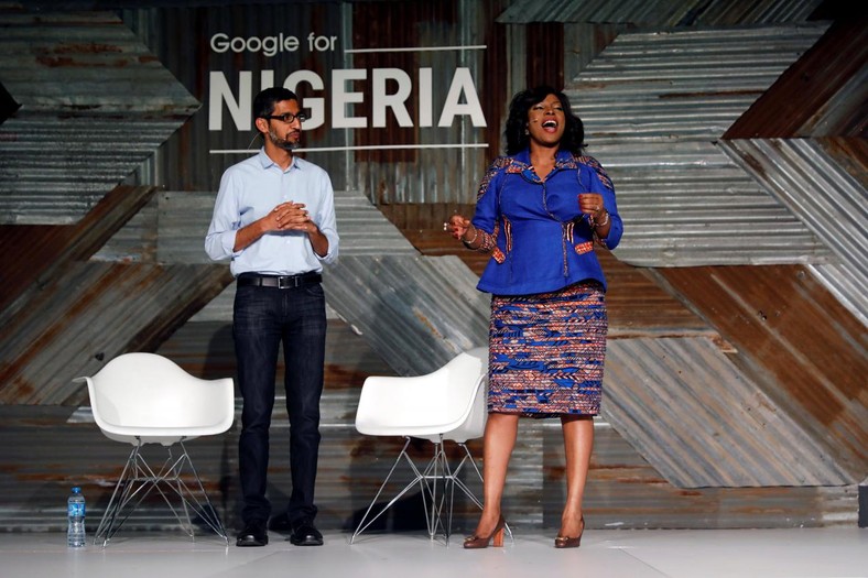 Google CEO Sundar Pichai and Google Nigeria Country Director Juliet Ehimuan-Chiazor at Google for Nigeria in July 2017 
