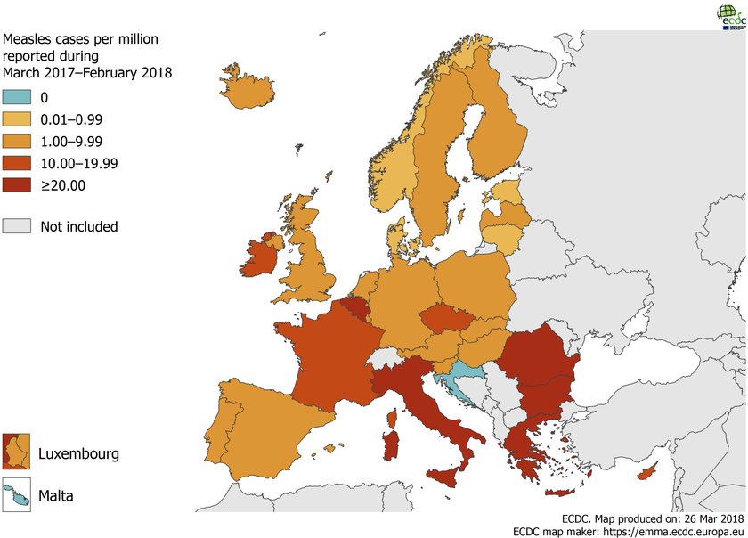 Mapa ECDC. Liczba przypadków odry na milion mieszkańców – rejestr za okres od 1 marca 2017 do 28 lutego 2018.