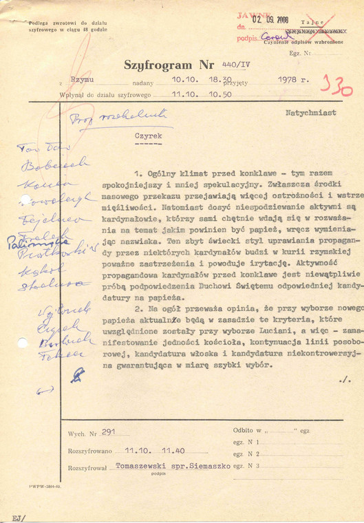 Depesza Kazimierza Szablewskiego do Warszawy o "klimacie przed konklawe", 10 października 1978 r., strona 1