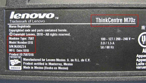 Zdjęcie z raportu CPSC przedstawiające plakietkę znamionową Lenovo ThinkCentre M70z z objętej zwrotem serii 1010. CPSC.