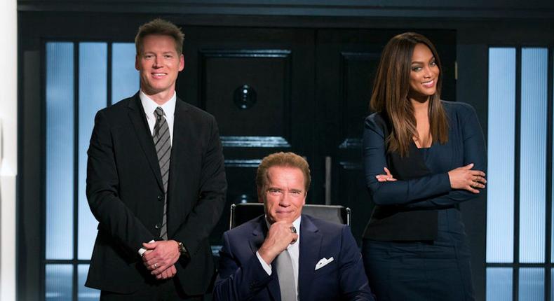 From left, Patrick Knapp Schwarzenegger, Arnold Schwarzenegger, and Tyra Banks of NBC's The New Celebrity Apprentice.