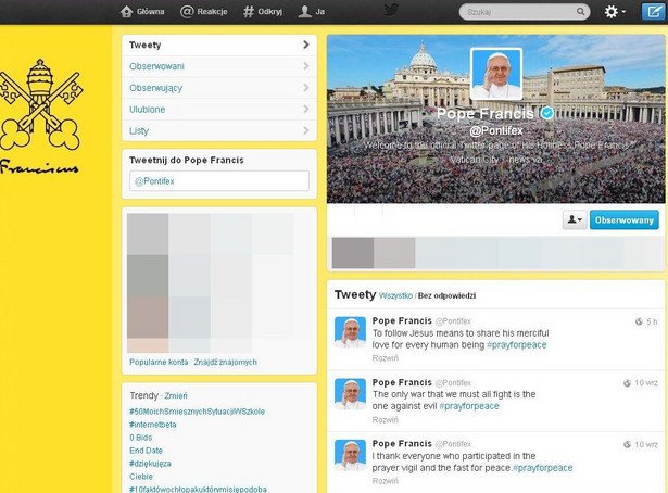 Papież drugi po prezydencie USA... na Twitterze