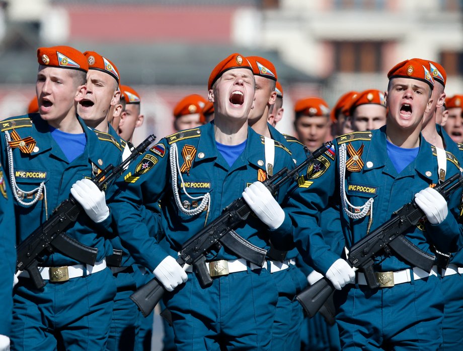 Russian servicemen march during the Victory Day parade in Moscow's Red Square May 9, 2014.