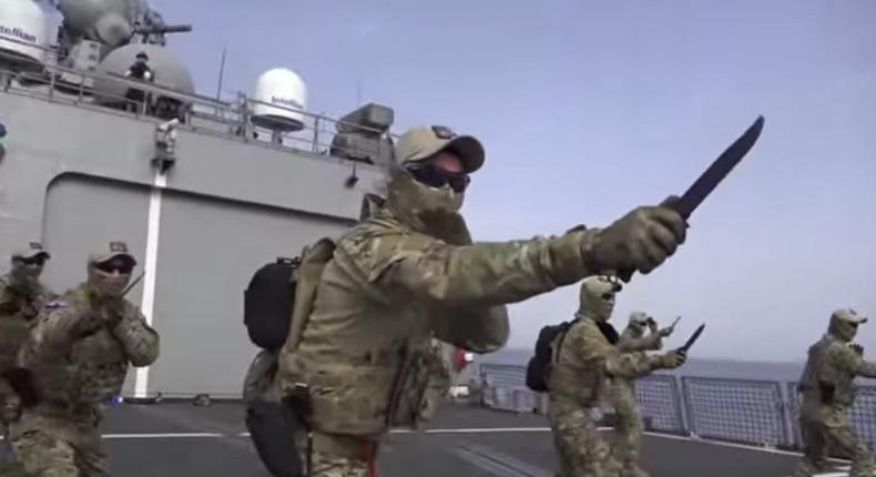 South Korean UDT/SEALs engage in knife training aboard a ship in the Gulf of Aden.