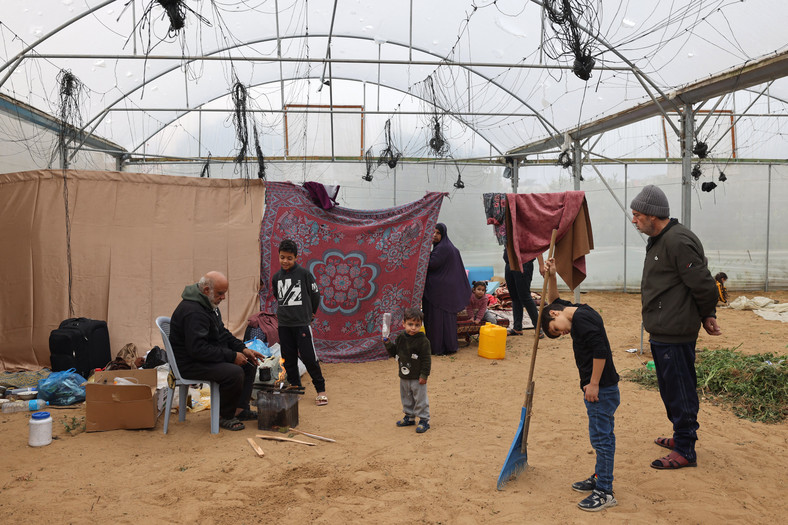 Przesiedleni Palestyńczycy szukają schronienia w szklarni, Strefa Gazy, grudzień 2023 r.