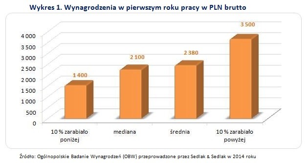 Wynagrodzenia w pierwszym roku pracy w PLN brutto