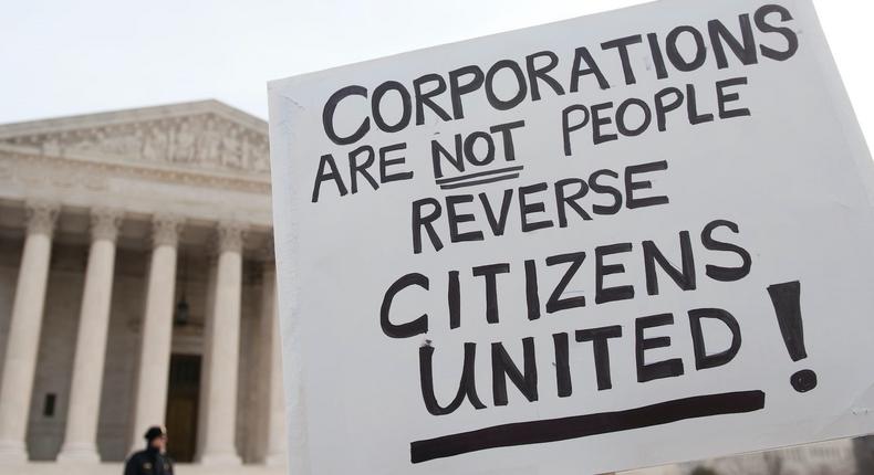 Move to Amend rallies at the Supreme Court on January 20. 2012, to Occupy the Courts and mark the second anniversary of the Supreme Court's decision in Citizens United v. Federal Election Commission.