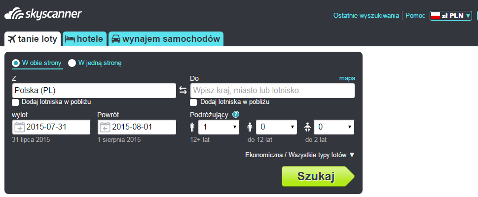 <strong>SkyScanner.pl</strong>
<br><br>
Jedna ze sprawniej działających wyszukiwarek połączeń lotniczych