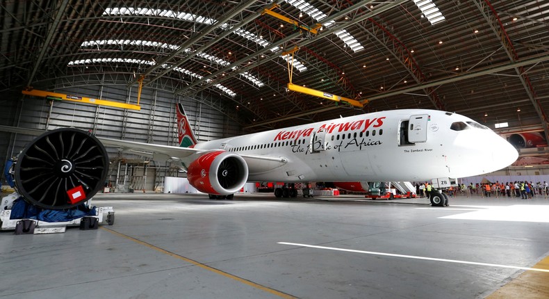 A Kenya Airways Boeing Dreamliner 787-8 is seen inside a hangar at their headquarters in Nairobi.