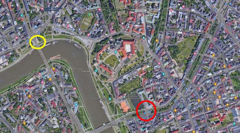 Mapa Krakowa. Na czerwono zaznaczone miejsce, w którym samochód minął naszego rozmówcę. Na żółto zaznaczone miejsce wypadku.