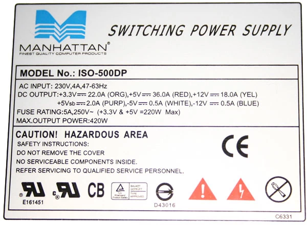 Tabliczka znamionowa zasilacza ISO-500DP