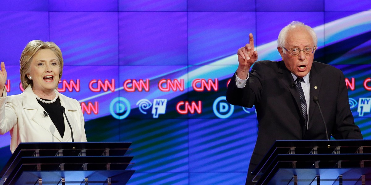 Hillary Clinton and Bernie Sanders during the CNN Democratic presidential primary debate at the Brooklyn Navy Yard on Thursday, April 14 in New York City.