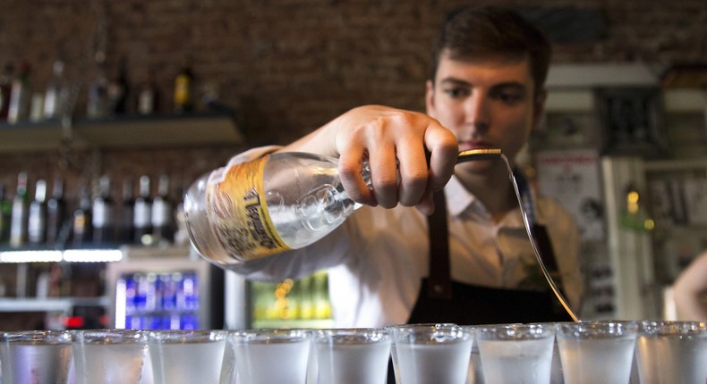 A presentation marking the industrial production of vodkas at the Belarusian winery Slonim wine factory in Minsk.