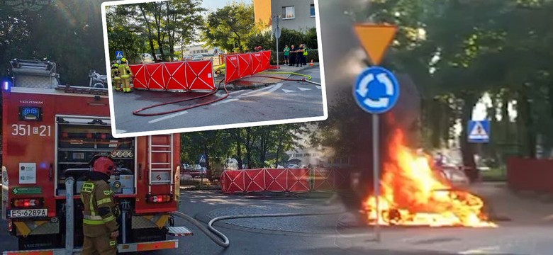 Pożar samochodu elektrycznego w Skierniewicach. Kierowca był w środku