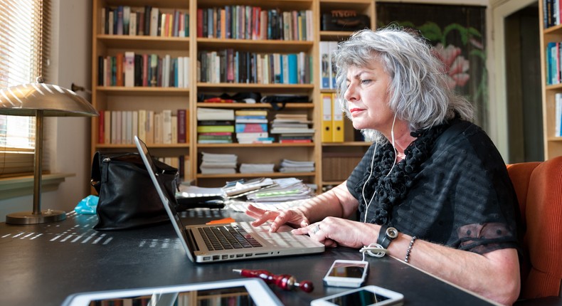 A woman working from home.
