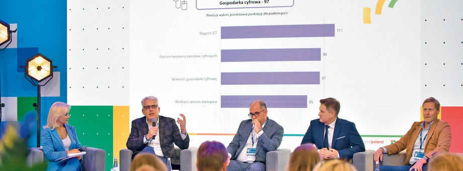 W panelu „Stan cyfryzacji w Polsce. Czas na działania” udział wzięli (od lewe)j: Beata Mońka (RASP), Paweł Jakubik (Microsoft), Radosław Kowalski (KPMG), Aleksander Kutela (RASP), Andreas Maierhofer (T-Mobile Polska).