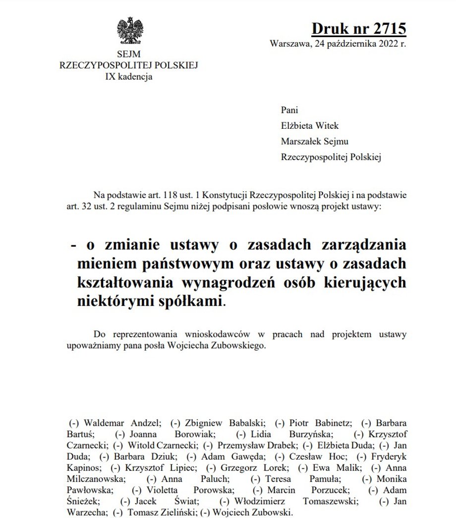 Projekt wprowadzający zmiany dla pięciu spółek, pięcioletnią kadencję dla ich zarządów i nową pięcioosobową Radę do spraw bezpieczeństwa strategicznego podpisało 26 posłów PiS