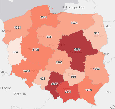 Dzienne zakażenia COVID-19 w województwach