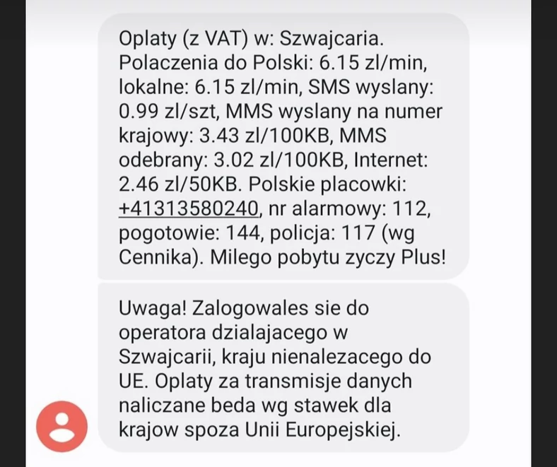 SMS informujący o opłatach za roaming. Nie ignoruj go!