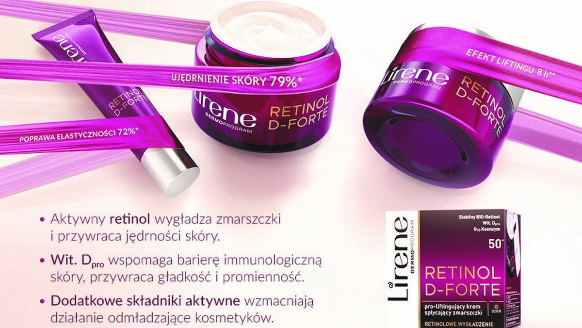 Lirene przedstawia nowatorską gamę kosmetyków do pielęgnacji twarzy Retinol D-FORTE, bazującą na zaskakującym zestawieniu czynnego retinolu, którego cząsteczki wyróżniając się niezwykłą efektywnością w walce ze zmarszczkami i wit. Dpro, redukującej następstwa braku witaminy D w skórze. Retinol D-FORTE  to linia, która pozwoli ci zachować atrakcyjnie wyglądającą skórę niezależnie od wieku.