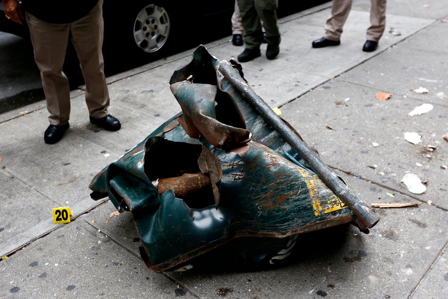 A view of a mangled dumpster at the site of an explosion that occurred on Saturday night in the Chelsea neighborhood of New York, USA, September 18, 2016.