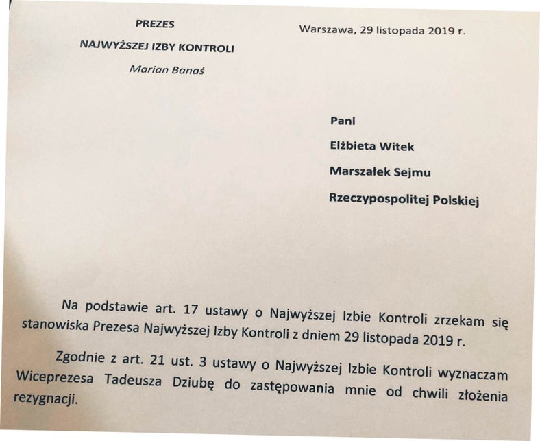 Projekt pisma rezygnacji przesłany do Mariana Banasia