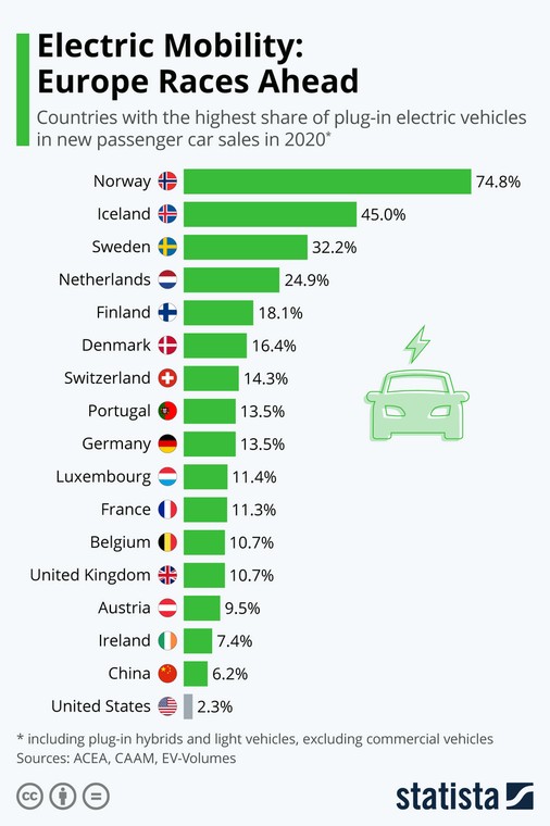 Udział samochodów elektrycznych w rynku w 2020 r. - źródło: statista.com