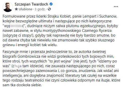 Szczepan Twardoch - screen wpisu opublikowanego na Facebooku