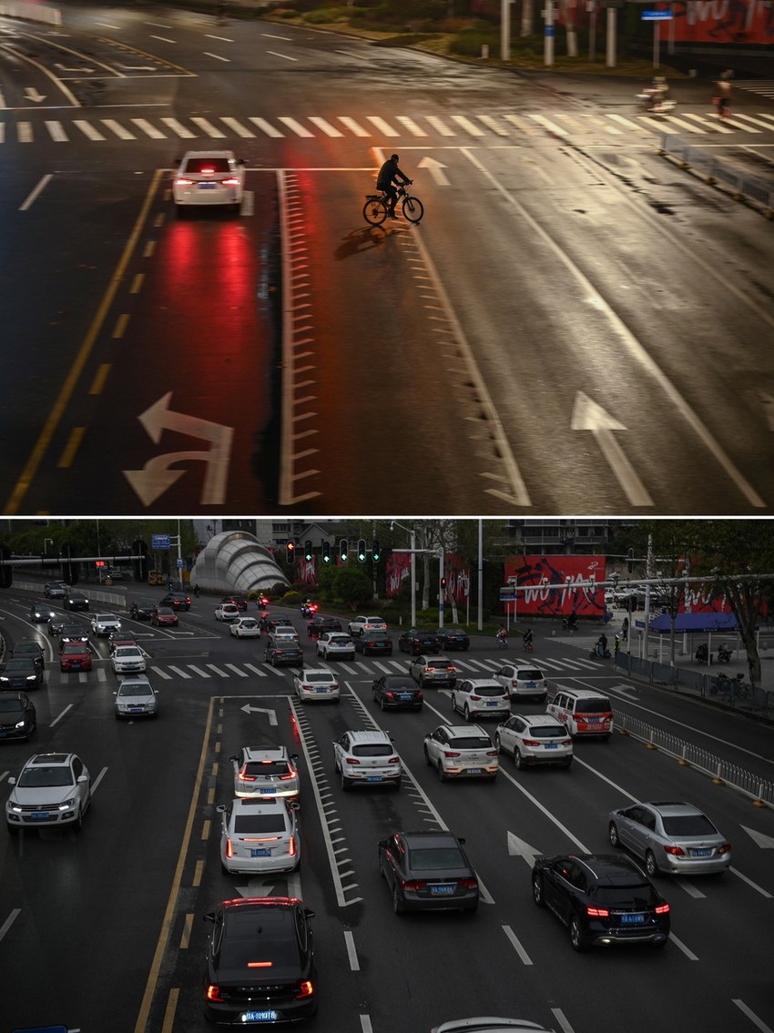 Vuhan nekad i sad (gore: 26. januar, dole: 1. april)