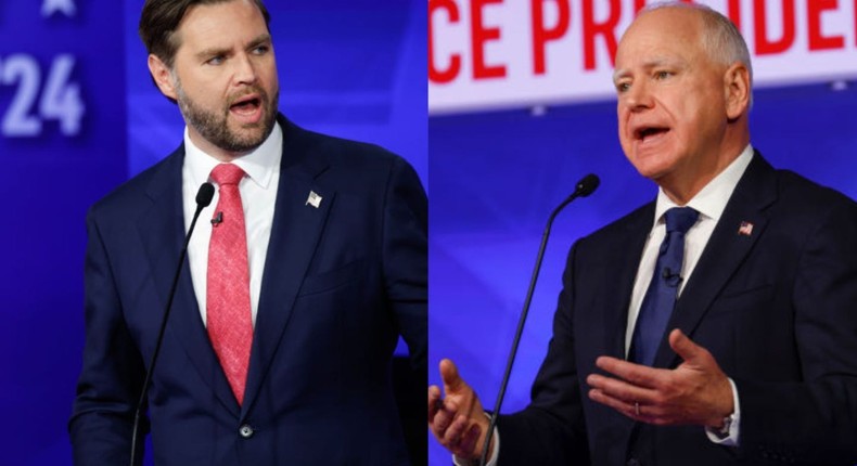 Tim Walz responded to JD Vance's childcare comments during the vice presidential debate. Chip Somodevilla/Getty Images, Michele Crowe/CBS via Getty Images