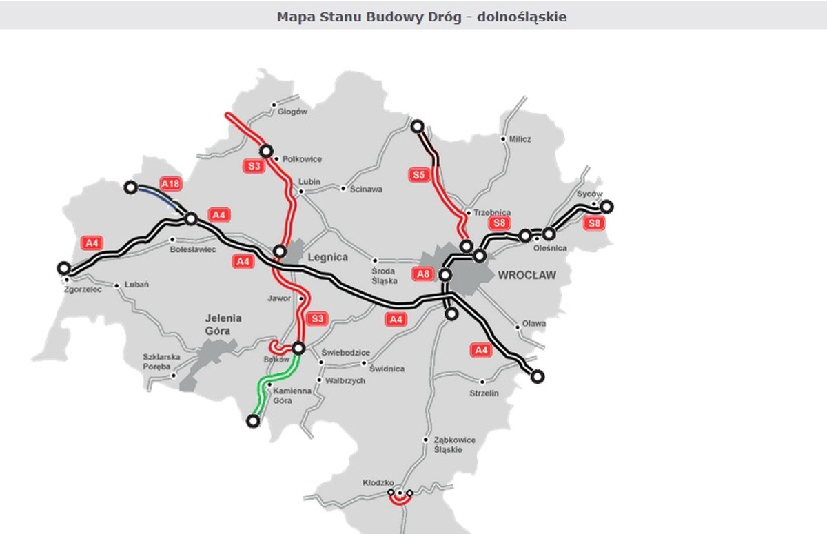 Mapa stanu budowy dróg - dolnośląskie, GDDKiA