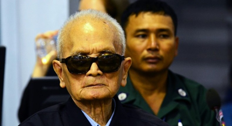 Former Khmer Rouge leader Brother Number Two Nuon Chea sits in the courtroom of the Extraordinary Chambers in the Courts of Cambodia in Phnom Penh on November 23, 2016