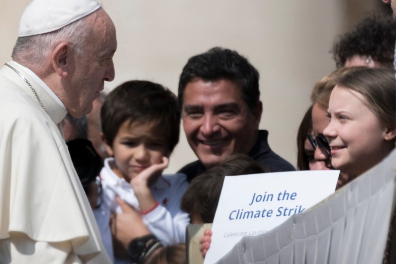 Papież Franciszek i Greta Thunberg. Watykan, 2019 r.