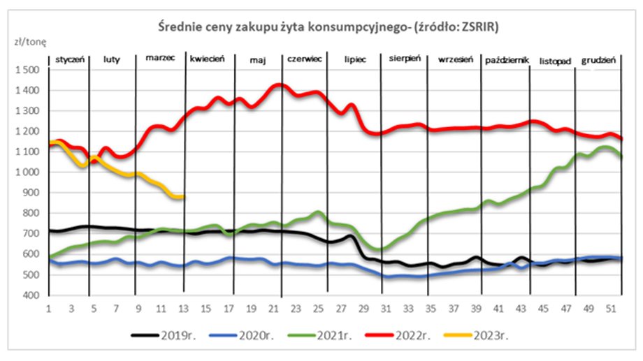 Ceny zakupu ziarna żyta konsumpcyjnego są w tym roku niższe niż w 2022 r. i w końcówce 2021 r., ale wciąż są na wyższym poziomie niż w latach 2019-2020.