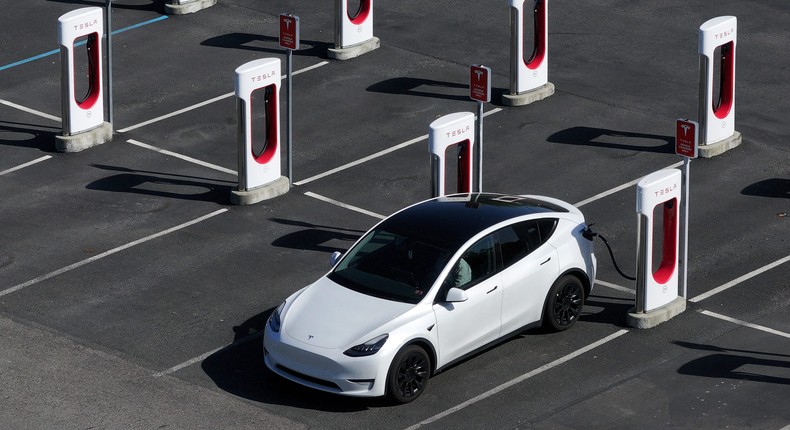 A Tesla car at a Supercharger.Justin Sullivan/Getty Images