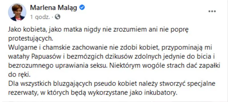 Wpis zniknął już konta minister Marleny Maląg