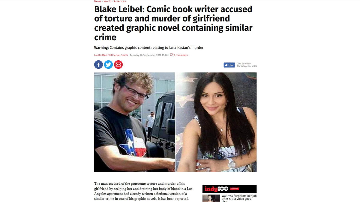 Rozpoczął się proces reżysera i autora komiksów Blake'a Leibela, oskarżonego o zamordowanie ze szczególnym okrucieństwem swojej dziewczyny, ukraińskiej modelki Iany Kasian, w maju 2016 roku.