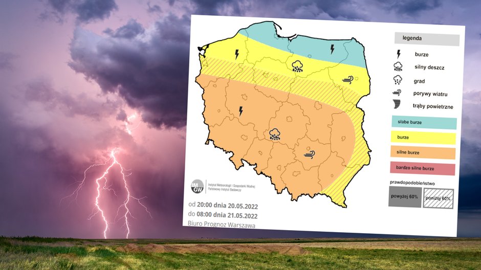 Piątek i noc z piątku na sobotę będą burzowe i wietrzne (mapa: IMGW)